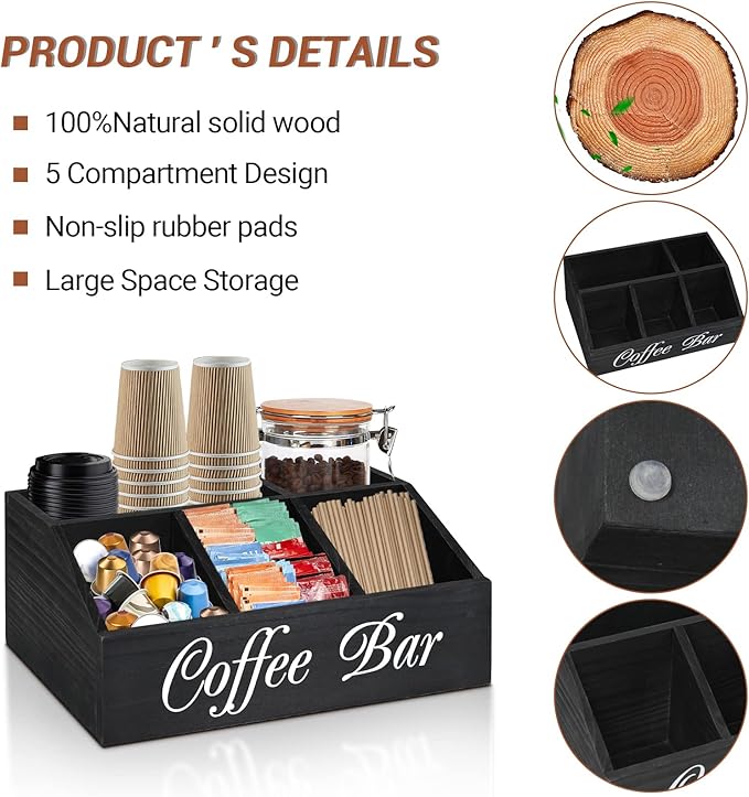 ugiftt Coffee Station Organizer for Counter, Wood Coffee Pods Holder Storage Basket, Tea Condiment Storage Organizer, Rustic Bar Decor for Accessories Organizer