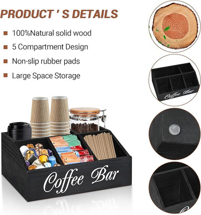 ugiftt Coffee Station Organizer for Counter, Wood Coffee Pods Holder Storage Basket, Tea Condiment Storage Organizer, Rustic Bar Decor for Accessories Organizer