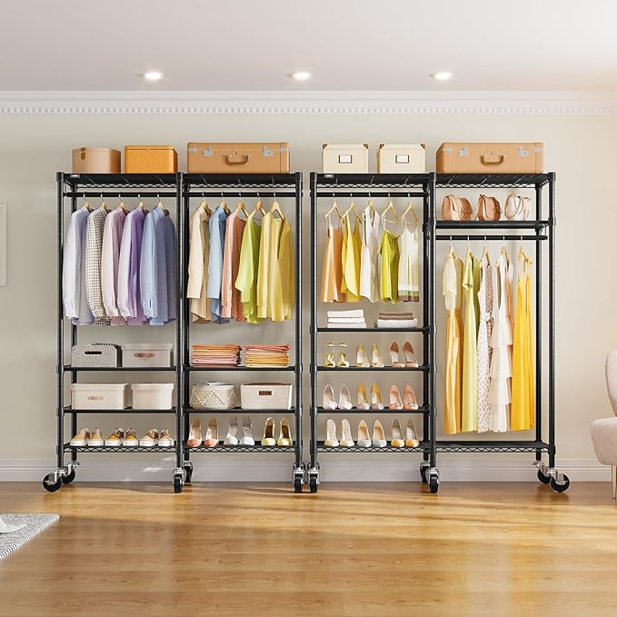 VIPEK R4 Garment Racks Heavy Duty Clothes Rack -620lb Capacity Metal Frame, Rolling Lockable Wheels & 6 Tiers Adjustable Height Shelves & Hanger Rods, Sturdy Wardrobe Closet for Home Storage, Black