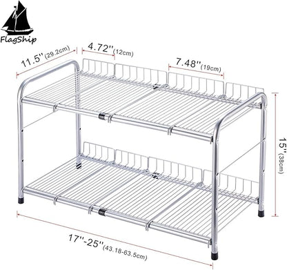 FlagShip 2 Tier Under Sink Organizers and Storage Rack Expandable Cabinet Shelf for Kitchen Bathroom Silver (17-25 inches)