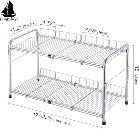 FlagShip 2 Tier Under Sink Organizers and Storage Rack Expandable Cabinet Shelf for Kitchen Bathroom Silver (17-25 inches)
