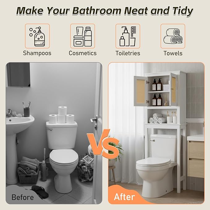 GORZING Over The Toilet Storage Cabinet, Behind Toilet Bathroom Organizer with Adjustable Shelves, Above Toilet Organizers with Barn Door, Space Saver for Restroom, Bathroom, Laundry