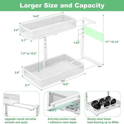 Under Sink Organizer, High Adjustable 2 Tier Under Sink Organizers and Storage, Slide Out Metal Cabinet Organizers, Pull Out Sink Storage Drawer Shelf for Kitchen Bathroom Cabinet, White, 2 Pack