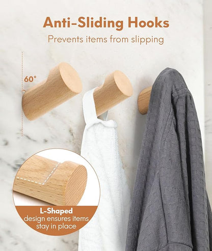 Wood Wall Hooks for Hanging, 8 Pack Hat Hook for Walls, Coat Hook Wall Mount, Backpack Hooks for Walls, Bathroom Towel Hanger (Natural)