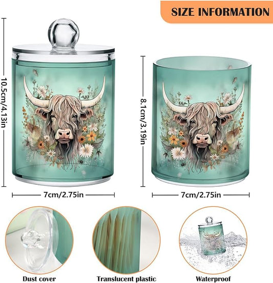 MNSRUU 2 Pack Qtip Holder Organizer Dispenser Highland Cow Flowers Pink Bathroom Storage Canister Cotton Ball Holder Bathroom Containers for Cotton Swabs/Pads/Floss