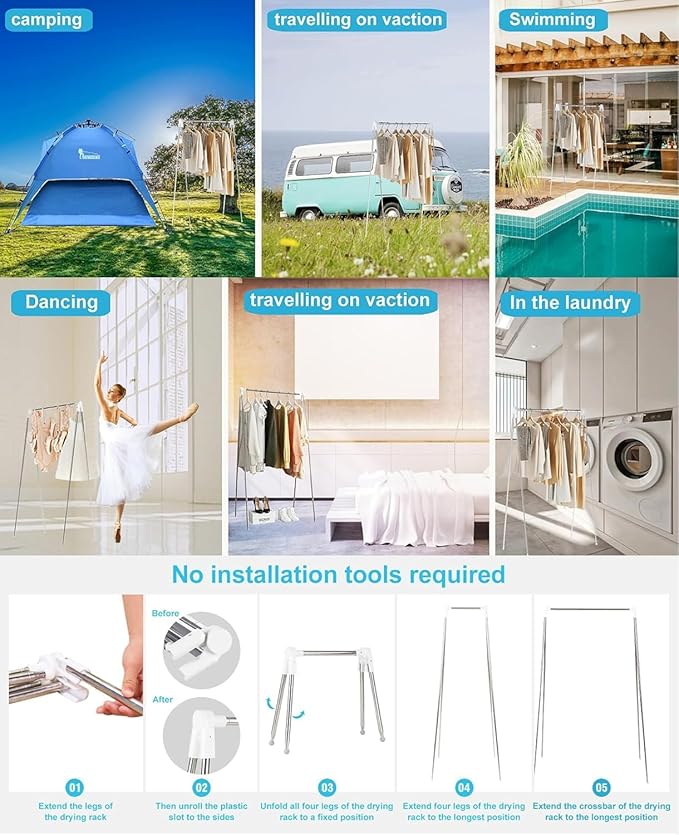 Portable Travel Garment Rack, Collapsible Clothes Rack, White, Stainless Steel, 16"D x 35"W x 53"H, 8.8 Pounds, Foldable, Portable, Collapsible