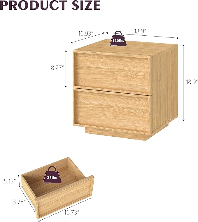 RYWI11OUSE Wooden Nightstand with Storage,Modern Night Stand with 2 Drawers, Bedside Table for Bedroom, Natural Oak