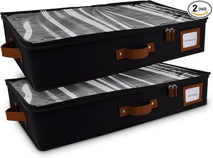 HOMELUX THEORY 2pc Under Bed Storage Containers, Bedroom Under the Bed Drawer Storage Organizer with Bins and Lids, Medium Underbed Clothes Storage Box Ideal for Blanket, Fabric, & Shoes (Black)