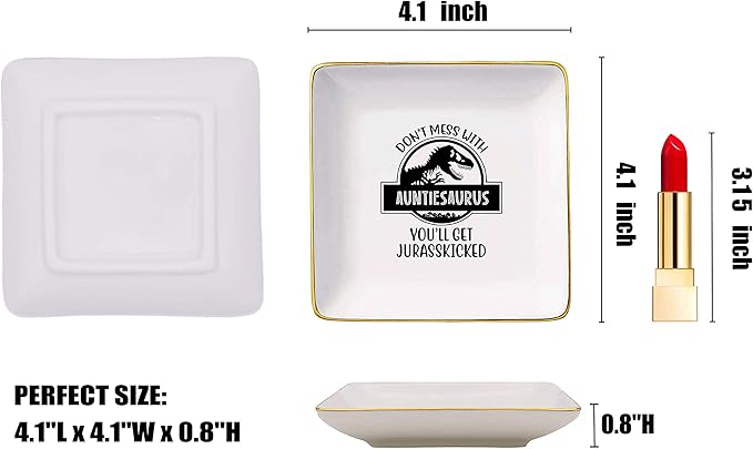 Funny Mother's Day Gifts,Baby Announcement Gifts for Auntie,Birthday Christmas Gifts,Funny Dinosaur Present for Aunt,Don't Mess With Auntiesaurus,Ceramic Jewelry Holder Box,Ring Dish,Trinket Tray