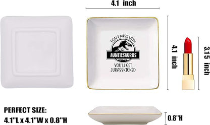 Funny Mother's Day Gifts,Baby Announcement Gifts for Auntie,Birthday Christmas Gifts,Funny Dinosaur Present for Aunt,Don't Mess With Auntiesaurus,Ceramic Jewelry Holder Box,Ring Dish,Trinket Tray