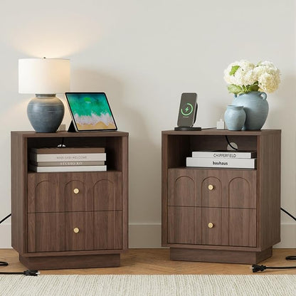 FORTUNETEC Nightstand Set of 2 with Charging Station, Mid Century Modern Nightstand with Arched Design, Minimalist End Table Wood Grain Bedside Tables for Bedroom or Living Room, Black