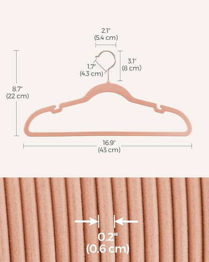 SONGMICS Velvet Hangers 50 Pack, Non-Slip Clothes Hangers, Suit Hangers with Shoulder Notches, Pants Bar, 360° Swivel Hook, Space-Saving, for Closet, Jelly Pink UCRF029PK05