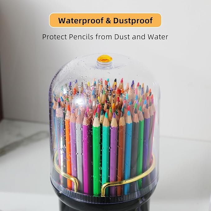 360-Degree Rotating Colored Pencil Holder with Lid, Pencil Organizer Holds 100 long Pencils with 7 Slots for Desk, Caddy Art Supply Organizer, Multi-function Makeup Brushes Ogranizer (Black)