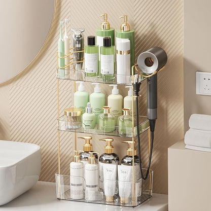 Weidace Bathroom Counter Organizer for Vanity, Makeup Organizer Countertop with Holder, Large Capacity Storage Rack, Perfect Large Skincare, Hair Care, Perfume, Easy to Install (Clear, 3Tiers)
