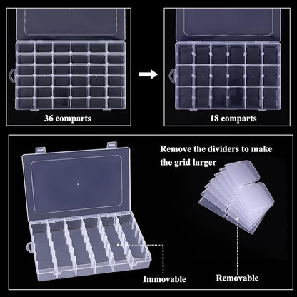 OUTUXED 8 Pack 36 Grids Clear Plastic Storage Boxes with Adjustable Dividers, Beads Storage Containers, Jewelry and DIY Crafts Organization, Screw & Hardware Sorting with 10 Label Stickers
