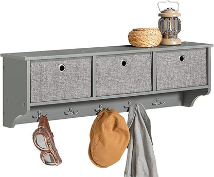SoBuy Wall Shelf with Hooks, Coat Rack Wall Mount with Shelf Entrywall Storage Cabinet Unit with 3 Baskets 5 Hooks, Grey, FRG282-HG
