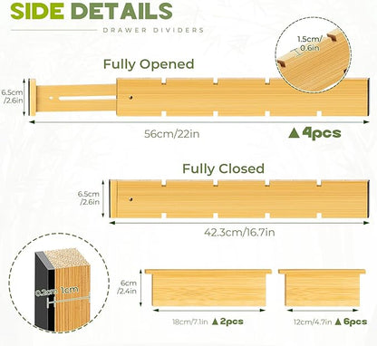 Bamboo Drawer Dividers 4PCS with Inserts, Expandable Kitchen Utensil Drawer Organizers,Adjustable drawer organizer for deep drawers Dresser Closet Underwear Storage Bedroom Bathroom Drawers(16.6"-22")
