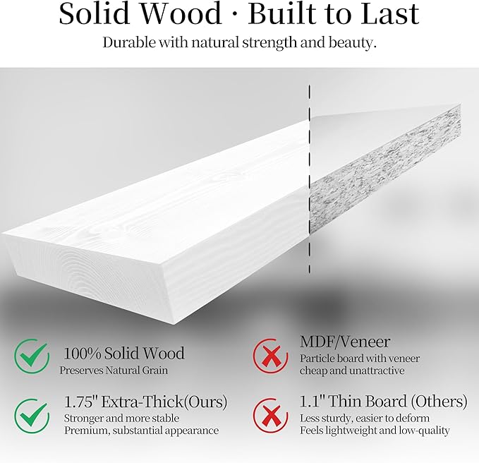 BGMG Wood Floating Shelves for Wall 54 inch Set of 2,White Floating Shelves,Solid Wood Wall Mount Shelves for Bathroom Living Room Bedroom Kitchen Farmhouse -54x 6.7 x1.75 inch