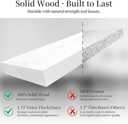BGMG Wood Floating Shelves for Wall 54 inch Set of 2,White Floating Shelves,Solid Wood Wall Mount Shelves for Bathroom Living Room Bedroom Kitchen Farmhouse -54x 6.7 x1.75 inch