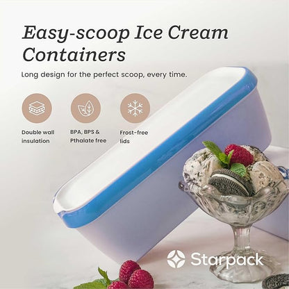 Starpack 'Inside Scoop' Ice-Cream Storage Container for Freezer (2 Pcs) - 1.5 Quart Ice Cream Containers for Homemade Ice Creams - Reusable Dessert Containers with Lids - Leak-Free Lids (Silicone)