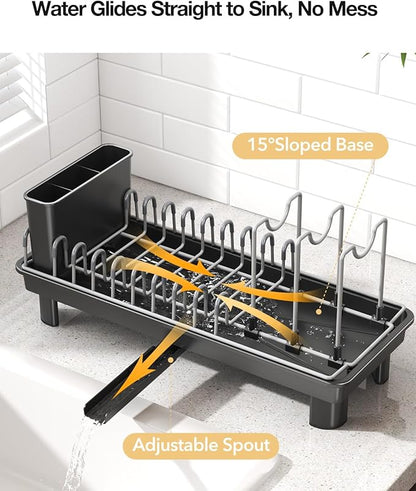 Nfnoyp Small Dish Drying Rack, Carbon Steel Dish Rack Rustproof for Kitchen Counter, Compact Space-Saving Dish Drainer with Adjustable Slots for Small Kitchens & Apartments, 16.5×6.5×7inch, Black