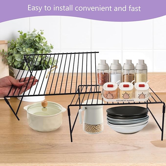 Refrigerator Organizer Freezer Organizer, Expandable Adjustable Kitchen Cabinet Rack for Pantry, Cupboard, Countertop - Space Saving Shelf (Black)