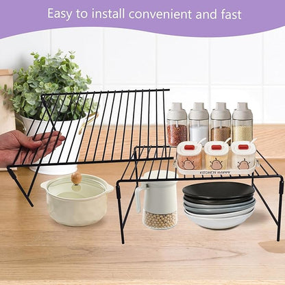 Refrigerator Organizer Freezer Organizer, Expandable Adjustable Kitchen Cabinet Rack for Pantry, Cupboard, Countertop - Space Saving Shelf (Black)