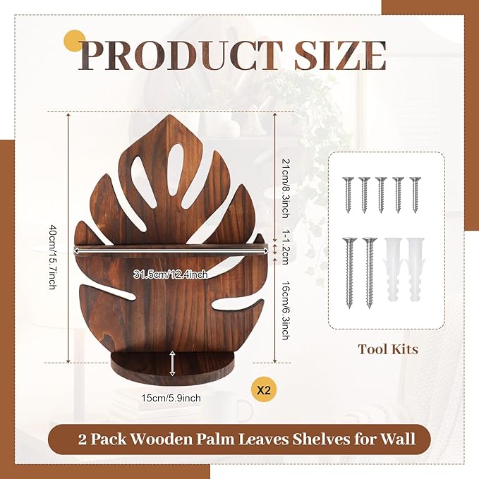 2 Pack Double Layer Palm Leaf Wall Shelves 15.8 x 12.4 Inch Wooden Hanging Shelves with Vintage Hollow Design, Tropical Wall Art for Living Room, Kitchen, Bedroom, Office Decor