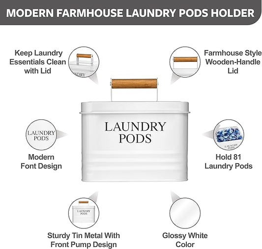 Calindiana Modern Farmhouse Metal Laundry Pods Holder Container with Lid for Laundry Room Decor and Accessories and Space Saving Organization and Storage, Holds 81 Laundry Pods, White