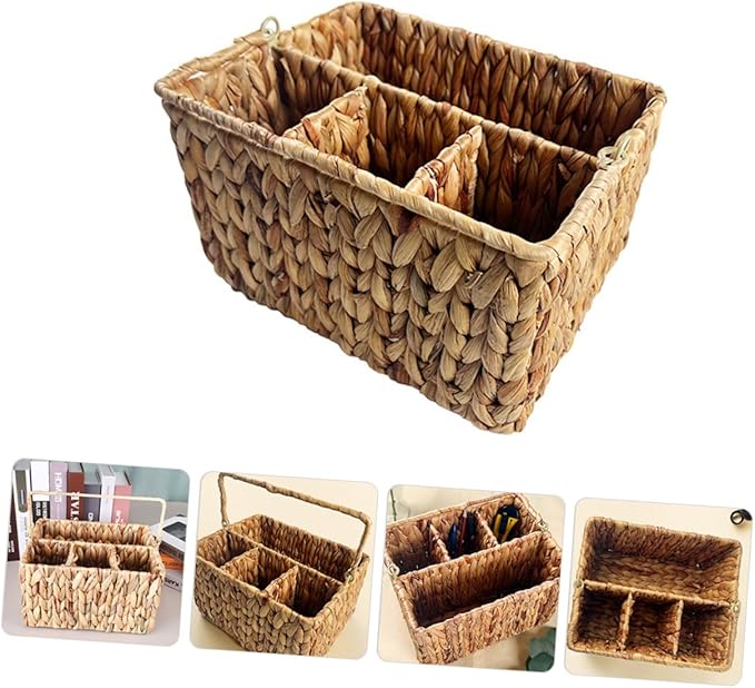 Woven Straw Storage Basket for Kitchen Home Decor Utensil Organizer Multi-compartment Cutlery Holder Folding Handle Natural Style