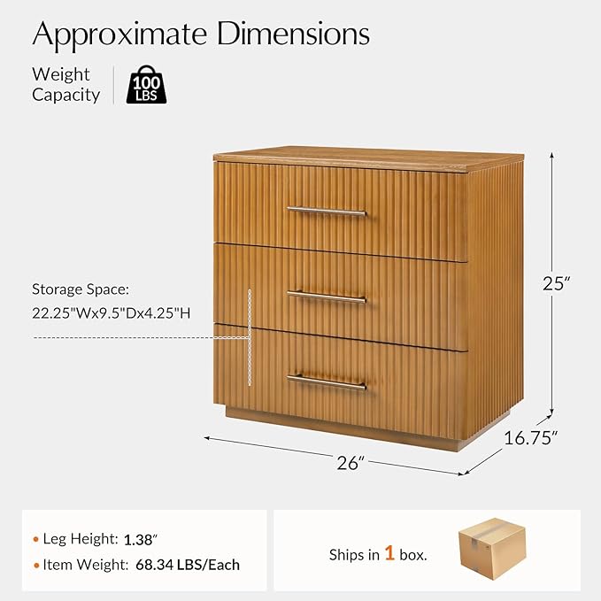 HULALA HOME 26" Fluted Nightstand with 3 Drawers, Modern Solid Wood Night Stand with Charging Station, Bed Side Table with Large Storage, End Table Tall Nightstand, Easy Assembly, Teak