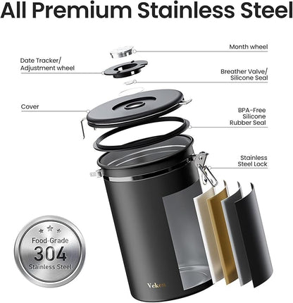 Veken Coffee Canister, 39OZ Large Christmas Coffee Lovers Gift Basket Set,Airtight Stainless Steel Food Storage Kitchen Container Gifts for 2.2lbs Beans, Ground, Sugar, Tea, Flour, Cereal,Scoop,Black