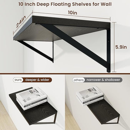Axeman Deep Floating Shelves | 24 Inch Black Wall Shelves Set of 2 | 10 Inch Deep Wood Floating Shelves for Wall | 24" W x 10" D Black Shelves for Living Room Bathroom Kitchen