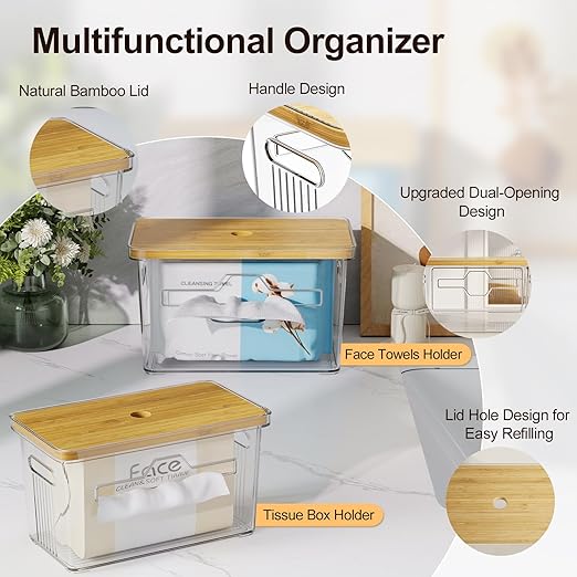 2 Pack Trash Bag Holder with Bamboo Lid, Stackable Acrylic Trash Bag Dispenser Roll Holder Under Sink, Plastic Container Garbage Bags Storage Organizer for Kitchen, Pantry, Laundry Room Organization
