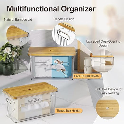 2 Pack Trash Bag Holder with Bamboo Lid, Stackable Acrylic Trash Bag Dispenser Roll Holder Under Sink, Plastic Container Garbage Bags Storage Organizer for Kitchen, Pantry, Laundry Room Organization