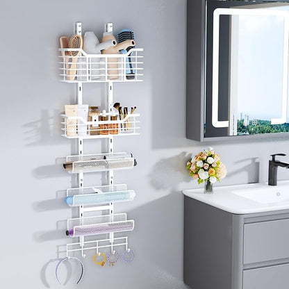 Consumest 6-Tier Hair Tool Organizer - Hair Dryer Holder Over The Door/Wall Mounted DIY Adjustable Shelf Bathroom Door Organizer with Hook for Curling Iron/Blow Dryer/Straightener White