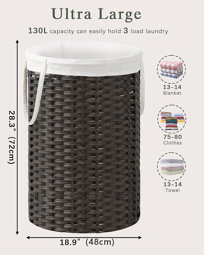 34.3 Gal (130 L) Large Laundry Hamper Laundry Basket Round Handwoven Wicker Laundry Baskets Rattan Laundry Basket with Removable Bag Handles 2 Mesh Bags for Living Room Bedroom Brown (No Lid)