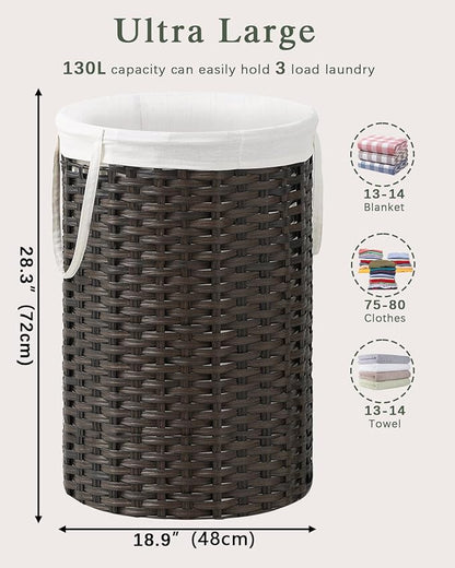 34.3 Gal (130 L) Large Laundry Hamper Laundry Basket Round Handwoven Wicker Laundry Baskets Rattan Laundry Basket with Removable Bag Handles 2 Mesh Bags for Living Room Bedroom Brown (No Lid)