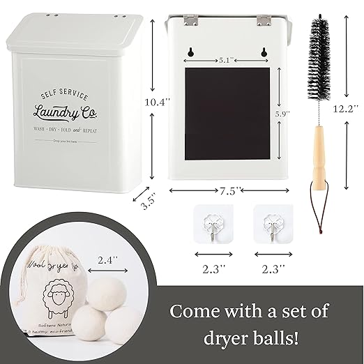 Magnetic Lint Bin for Laundry Room, Metal Trash Can with Lid for Dryer, Farmhouse Lint Holder, Laundry Co Sign, Laundry Room Storage Decor with Dryer Lint Brush (White-Dryer Ball Set)