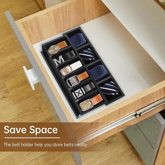 Niciksty Wooden Belt Organizer, 10 Compartments Belt Organizer for Closet and Drawer, Stylish Belt Storage Display Holder for Men Women’s Belts, Ties, and Jewelry, Black