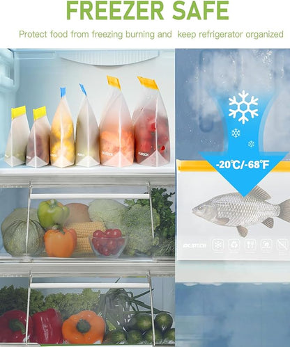 24Pack Reusable Food Freezer Bags Dishwasher Safe, Leakproof Storage Contaizers, Reusable Bags Various Size for Food Storage, BPA Free Resealable Baggies(8Gallon 8Quart 8Snack,Colored)