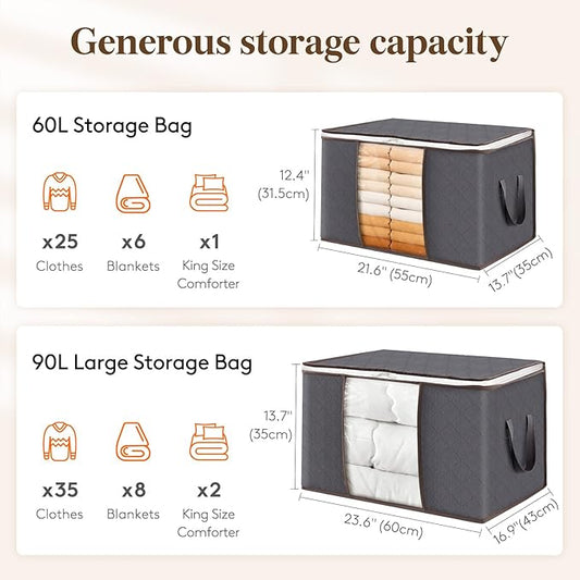 Lifewit 2 Pack Clothes Storage, Foldable Organization Bins with Lids and Clear Window for Blanket, in Closet with Reinforced Handles for Clothing, Bedding, Gray