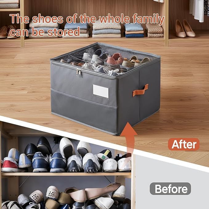 Chewlish Shoe Organizer for Closet, Foldable Shoe Box Storage Containers with Clear Cover, Smooth Zipper, Reinforced Handles and Bottom Support, Space Saving Shoes Holder, Gray (2, Small)