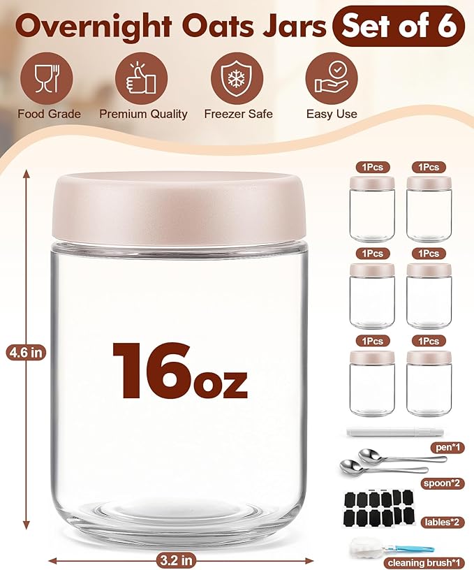 6 pack 16 oz Overnight Oats Containers with Lids and Spoons Glass Jars with Airtight Lids: Wide Mouth Mason Salad Jars, Leakproof and Reusable Glass Food Storage Container for Yogurt Snacks Spice