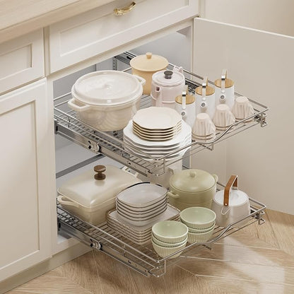 DINDON Pull Out Cabinet Organizer (22-1/2" W x 21-1/2"D), Cabinet Pull Out Shelves, 2 Tier Pull Out Drawers for Kitchen Cabinets, Wire Basket Slide Out Shelf, Pot and Pan Organizer