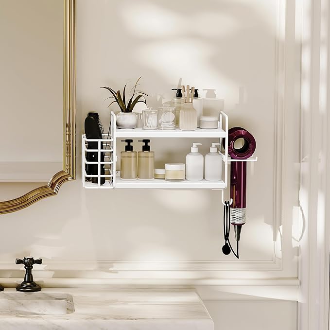 3-in-1 Wall Mounted Hair Dryer Holder with 2 Tier Shelves & Detachable Basket, Space Saving Organizer for Bathroom, Kitchen, Bedroom, Rust-Resistant, Easy Install (White)