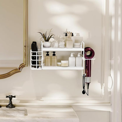 3-in-1 Wall Mounted Hair Dryer Holder with 2 Tier Shelves & Detachable Basket, Space Saving Organizer for Bathroom, Kitchen, Bedroom, Rust-Resistant, Easy Install (White)