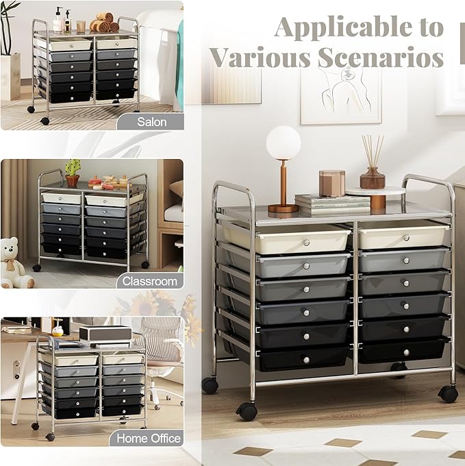 MAT EXPERT 12-Drawer Rolling Storage Cart, Mobile Utility Cart on Wheels, Removable Storage Drawers for Home, Study, Office, School,Paper Organizer
