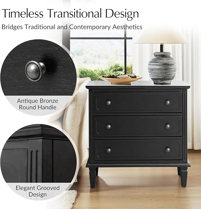 HULALA HOME 3 Drawer End Table with Charging Station, Wooden Drawer Organizer with Wood Legs, Mid Century Modern End Table, Black