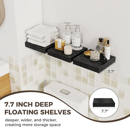 Fun Memories Small Floating Shelves for Wall - 8 Inch Square Wall Shelves with Invisible Brackets, Black Shelves for Bathroom, Living Room, Bedroom, and Kitchen Decor, Set of 3